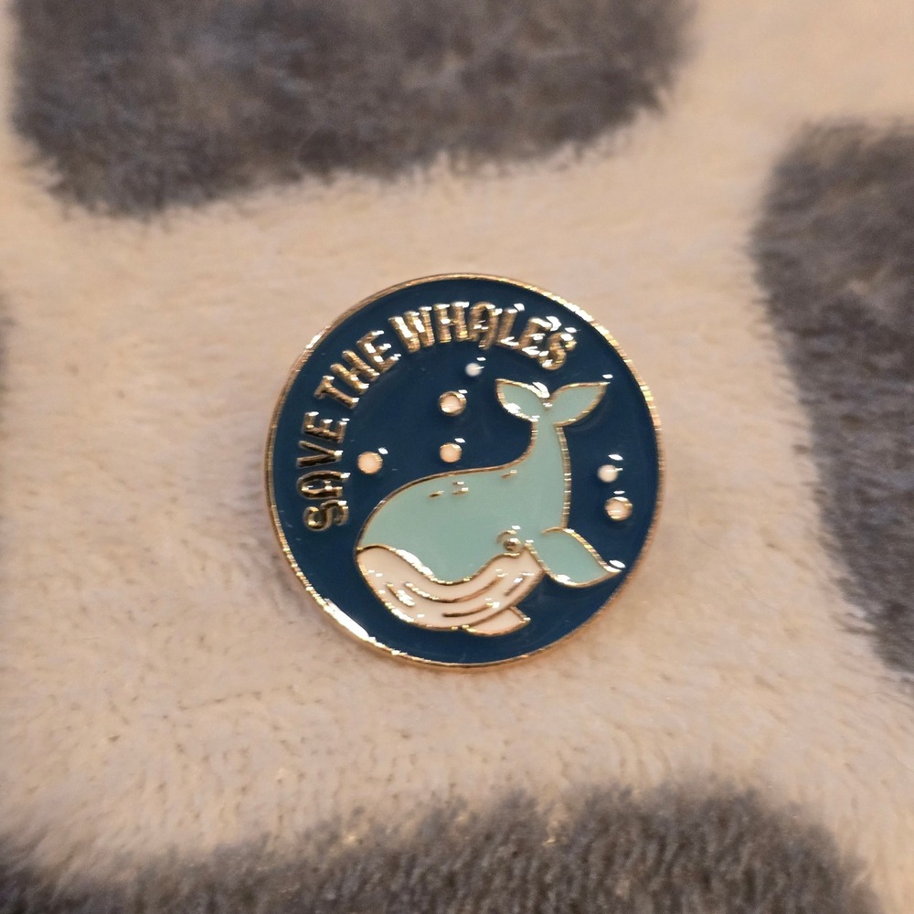 Save The Whales Enamel Pin
Accessories Unisex Blue Gold Round Badge